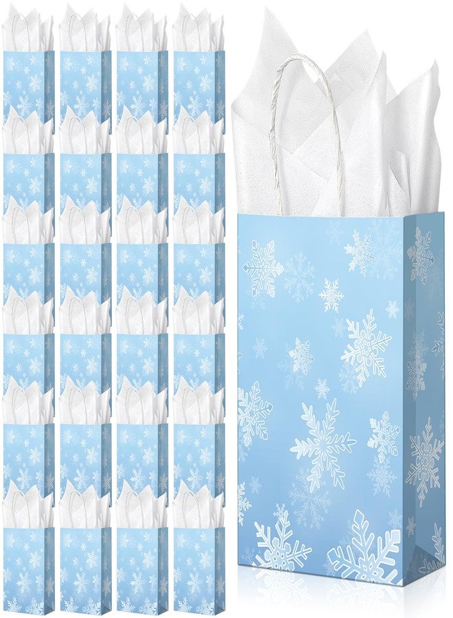 Jectivs 24Pack Party Gift Bags,Large Thick Kraft White Snowflake Ice Blue Treat Bags w/ White Tissue, Goodie Favor Bags w/ Handles Winter Onederland Holiday Party Supplies - Image 1